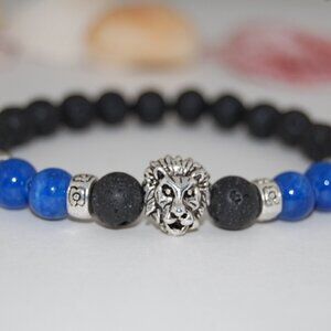 Lion Bracelet,Lava Bracelet,Lava Lion Charm Bracelet,8mm Lava Stone Beads